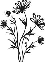 bloeiend velden iconisch zwart symbool met wilde bloemen vector mysticus bloemblaadjes strak zwart logo ontwerp met wilde bloemen