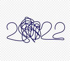 gelukkig nieuwjaar 2022 penlijnontwerp, chaotische doodle marker kerstomslag, gebogen penseelkrabbel nieuwjaarsnummers, draadknoopnummers voor wenskaart. vector illustratie