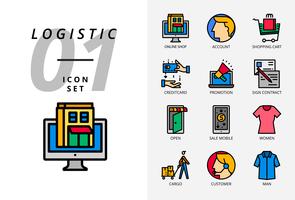 Icon pack voor e-commerce, online shop, account, winkelwagen, betaalkrediet, promotie, contract ondertekenen, open winkel, verkoop mobiel, dameskleding, vracht, klant, manendoek. vector