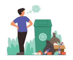 Mens op zoek hoop van vuilnis Aan traject en denken van recycle vector