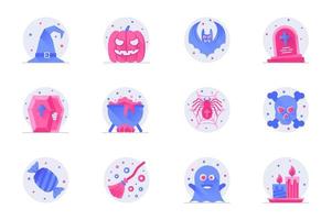 halloween concept web egale kleur pictogrammen met schaduw set. pack pictogrammen van heksenhoed, pompoen, vleermuis, begraafplaats, spin, schedel en andere. vectorillustratie van symbolen voor website mobiele app-ontwerp vector