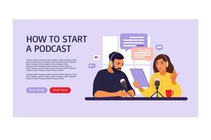 bestemmingspaginasjabloon voor web. mensen die podcast opnemen in studio platte vectorillustratie. vector