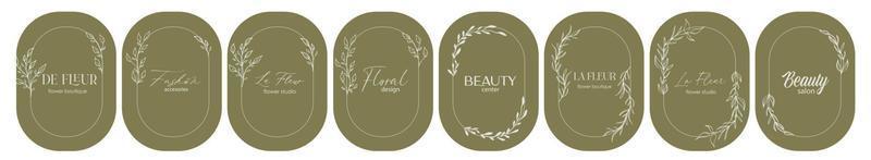 logo ontwerpsjabloon en monogram concept in trendy lineaire stijl met boog, bloemen frame, embleem voor mode, beauty en sieraden, huwelijksuitnodiging, socia. la fleur - bloem in het Frans. vector