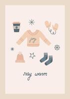 knus winter kleren Scandinavisch hand- getrokken schattig Kerstmis groet kaart met belettering vector