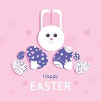 gelukkig Pasen vakantie met konijn en geschilderd ei Aan roze achtergrond vector. Internationale viering ontwerp voor groet kaart, partij uitnodiging.pasen poster en banier sjabloon met in modern stijl vector
