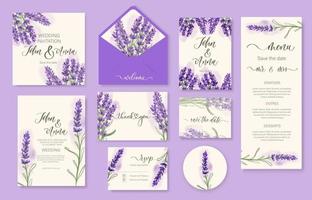 bruiloft aquarel lavendel bloemen uitnodiging, dank u, antwoord, menu, rsvp. vector
