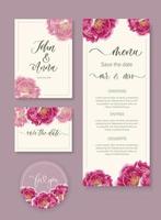 bruiloft aquarel bloemen uitnodiging, dank u, antwoord, menu, rsvp met zacht aquarel bloemen pioenroos. vector