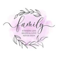 familie is waar het leven begint en liefde nooit eindigt. handgetekende kalligrafie en belettering inscriptie in een ronde decoratieve bloemenkrans. vector