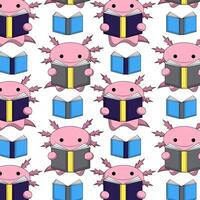 naadloos patroon met schattig tekenfilm axolotl met boek vector