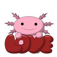 schattig tekenfilm axolotl met woord liefde in kleur vector