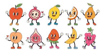 groovy fruit set. hand- trek grappig retro wijnoogst modieus stijl fruit tekenfilm karakter illustratie. tekening grappig verzameling. vector illustratie