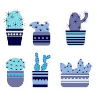 set gestileerde cactussen in decoratieve potten met patronen in blauwe kleuren, huisplanten vetplanten met doornen vector