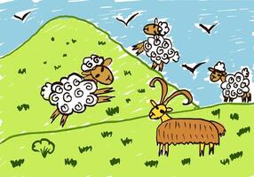 tekenfilm schapen en geit Aan groen heuvel vector