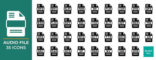 audio het dossier type icoon set. zwart vullen stijl ontwerp. formaat het dossier uitbreiding symbolen pictogrammen verzameling. vector illustratie.