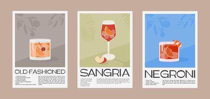 seks Aan de strand, oud fashioned en sangria klassiek cocktail recept met ingrediënten. zomer aperitief muur kunst. garneer alcohol drank grafisch afdrukken. minimalistische verticaal poster. vector illustratie.