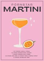 pornoster martini cocktail gegarneerd met passie fruit. klassiek alcoholisch drank recept modern muur kunst afdrukken. zomer aperitief poster. minimalistische modieus alcoholisch drankje. vector vlak illustratie.