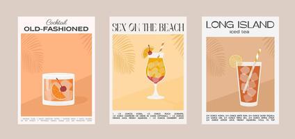 oud ouderwets, seks Aan de strand en lang eiland bevroren thee cocktail. klassiek alcohol drank recept. modern modieus grafisch afdrukken. zomer aperitief muur kunst. minimalistische poster met garneer drankje. vector. vector