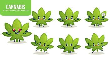 set van schattige cannabis stripfiguur met verschillende poses premium vector