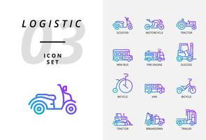 Icon pack voor logistiek, snelle vrachtwagen, aankoop, levertijd, vorkheftruck, container, verpakking, container, schip, postbode, luchtvracht, fietsboodschapper, tracking. vector