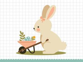 schattig konijn met kruiwagen. weinig konijn in tekenfilm stijl. illustratie. vector