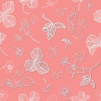 herhaling 3d effect patroon van bloeiend aardbeien Aan een roze, koraal achtergrond getrokken met wit lijnen vector