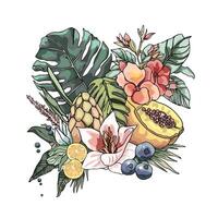 fruit illustratie. tropisch bloemen en vruchten. citroen bloemen en papaja geïsoleerd samenstelling vector