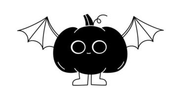 hand- getrokken schattig tekenfilm illustratie zwart pompoen met knuppel Vleugels. vlak halloween en dankzegging sticker of icoon. demon karakter in schets tekening stijl. herfst oogst mascotte. geïsoleerd. vector