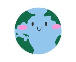 hand- getrokken schattig tekenfilm illustratie van planeet aarde glimlachen karakter. vlak aarde dag, milieu bescherming ontwerp sticker in gekleurde tekening stijl. ecologie sticker, icoon of afdrukken. geïsoleerd. vector
