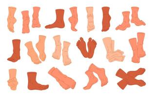 kaal menselijk voeten. menselijk blootsvoets poten in verschillend poseert, staan, wandelen en aan het liegen mannetje of vrouw poten vlak illustratie set. rug, voorkant, kant voeten visie vector
