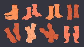 menselijk blootsvoets poten. kaal paren van poten, menselijk voeten in verschillend posities, rug, voorkant, kant mannetje of vrouw voeten visie vlak illustratie set. hand- getrokken voeten verzameling vector