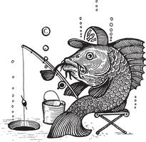 een vis met een pet en een roken pijp is visvangst met een visvangst hengel, illustratie. tekening met een inkt pen en potlood. een verzameling van vis. vector