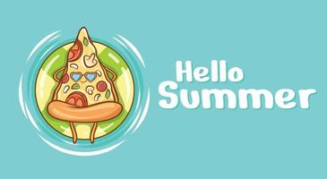 schattig pizzapunt drijvend ontspannen met een zomerse groetbanner vector