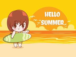 een schattig meisje zegt hallo zomer. zomer groet concept illustratie. vector