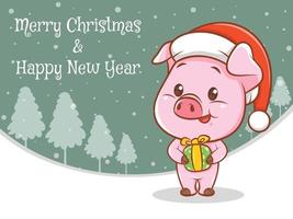 schattig varken stripfiguur met vrolijk kerstfeest en gelukkig nieuwjaar groet banner vector