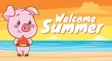 schattig varken met een zomerse groetbanner. vector