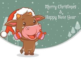 schattige koe stripfiguur met prettige kerstdagen en gelukkig nieuwjaar groet banner. vector