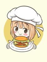 schattig chef-kokmeisje dat een hamburger houdt. fastfood logo illustratie concept vector