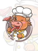 schattig chef-kok koe stripfiguur met grillworst en biefstuk - mascotte en illustratie