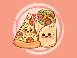 schattig kebab en pizza plakjes paar concept. tekenfilm vector