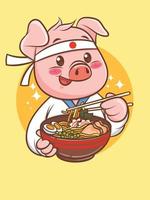schattige varkenschef-kok met een ramen Japans eten. stripfiguur en mascotte illustratie. vector