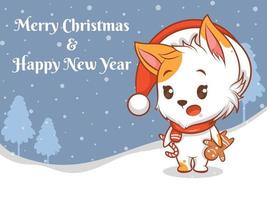 schattige kat stripfiguur met prettige kerstdagen en gelukkig nieuwjaar groet banner. vector