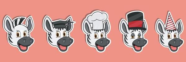hoofd zebra dieren sticker set. afstuderen, chef-kok, goochelaar en feestmuts. perfect voor stickers, logo, wenskaart en uitnodiging. vector