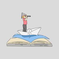 kinderen Aan papier boot in Open boek vector