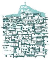 illustratie van favela in Rio de janeiro, Brazilië, met de corcovado heuvel in de achtergrond en gekleurde strepen met textuur. stroom periode kunst. vector