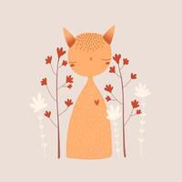 schattig oranje kat Aan een bloemen achtergrond, illustratie. groet kaart, verjaardag kaart ontwerp. vector