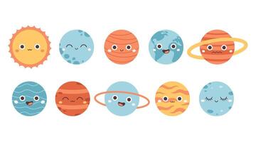 verzameling van schattig tekenfilm planeten. zonne- systeem. aarde dag, opslaan planeet vector