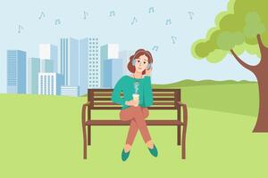 de meisje is zittend Aan een bank, luisteren naar muziek- en drinken koffie in de park. vector