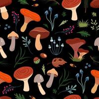 naadloos patroon van schattig Woud pictogrammen - paddestoelen, bessen, kastanjes, pijnboom naalden, bladeren. mooi modieus achtergrond voor verpakking, kleding stof, behang. vector