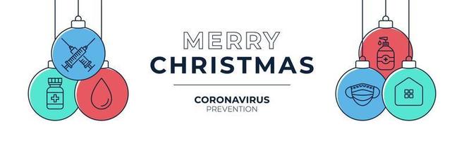 kerst coronavirus vaccin preventie bal banner. kerst of nieuwjaar concept preventie covid-19 ziekte, platte cartoon bal vector