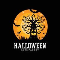 Halloween-daglogo-ontwerp, vectorspook, boom, pompoen, spin, vleermuis, graf, hand, maan enge poster vector